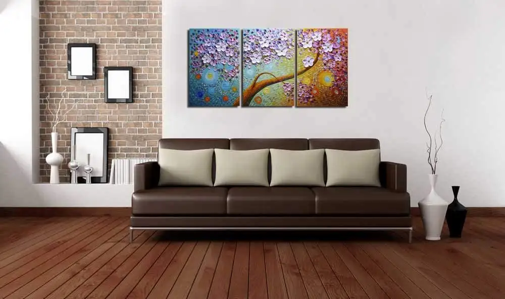 3D-печать-3 Панели Ручная роспись масляная живопись набор Цветочное дерево холст живопись искусство печать роспись художественное украшение