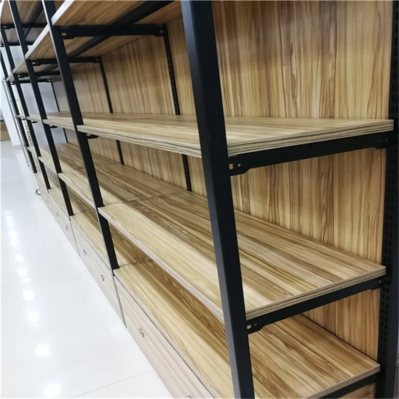 Manufacture wooden steel Board whisket display gondola wall shelves For Supermarket