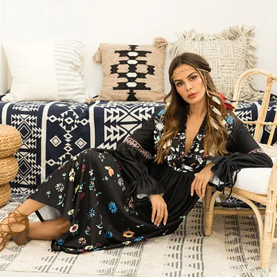 Женское элегантное ДРАПИРОВАННОЕ свободное платье с V-образным вырезом, расклешенными манжетами и длинным рукавом, хлопковое этническое платье