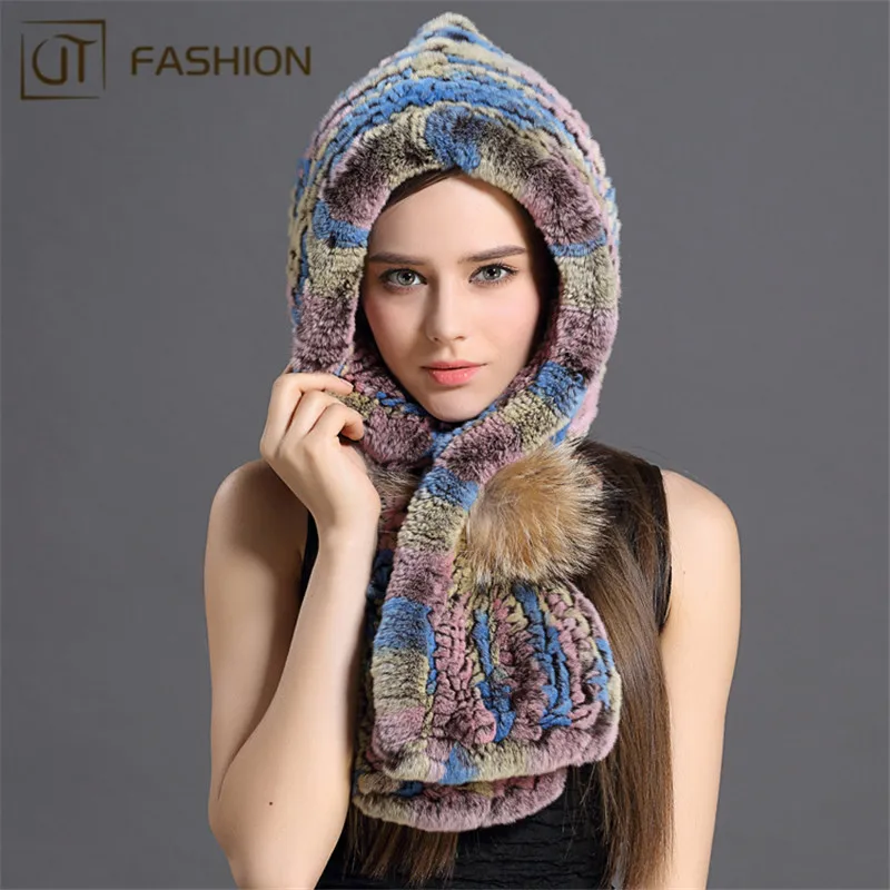 Пользовательские jtfur женщин мех енота мяч помпон Настоящее кролика рекс шарфы меха с капюшоном шарф