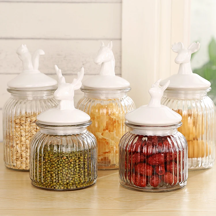Cookie food storage Clear glass candy jar with creative bird shape/heart shape/bone ceramic lid
