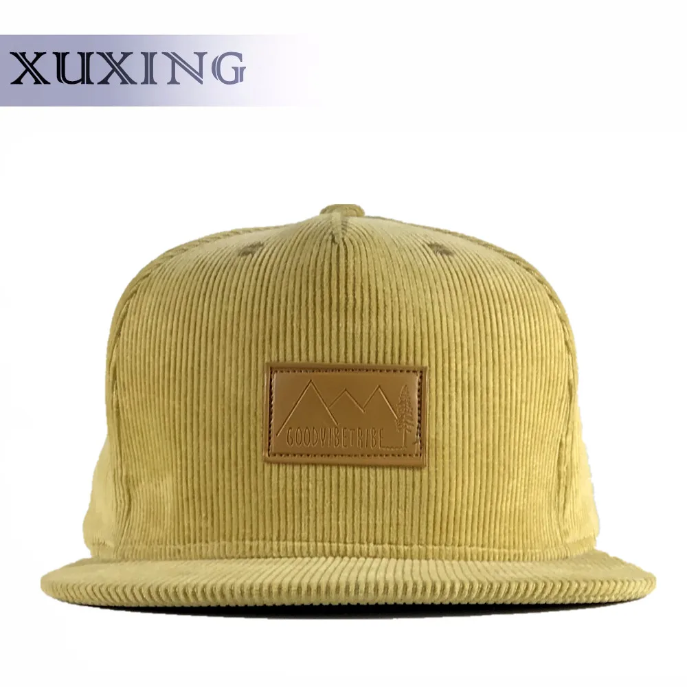 Vintage Corduroy Suede Flat Bill Brim Snapback Cap Hat Leather Patch Logo Hat Wholesale