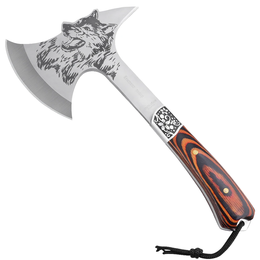 F713 2019 China Hot Selling Wolf Pattern Stainless Steel Material Camping Hatchet Axe For Outdoor Hiking Mountaineering