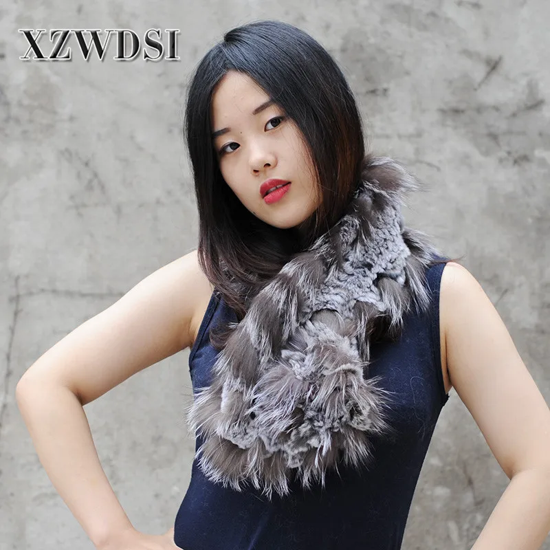 CX-S-115F Hot Sale Mixed Color 90*10CM Knitted Rex Rabbit Fur And Fox Fur Scarf For Women