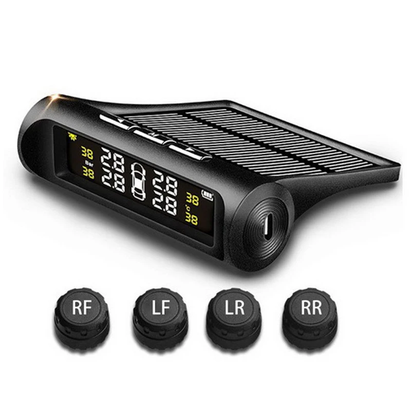 Solar TPMS Tire Pressure Monitoring System Wireless TPMS with LCD Color display/4 External/Internal Sensors for Car (External)