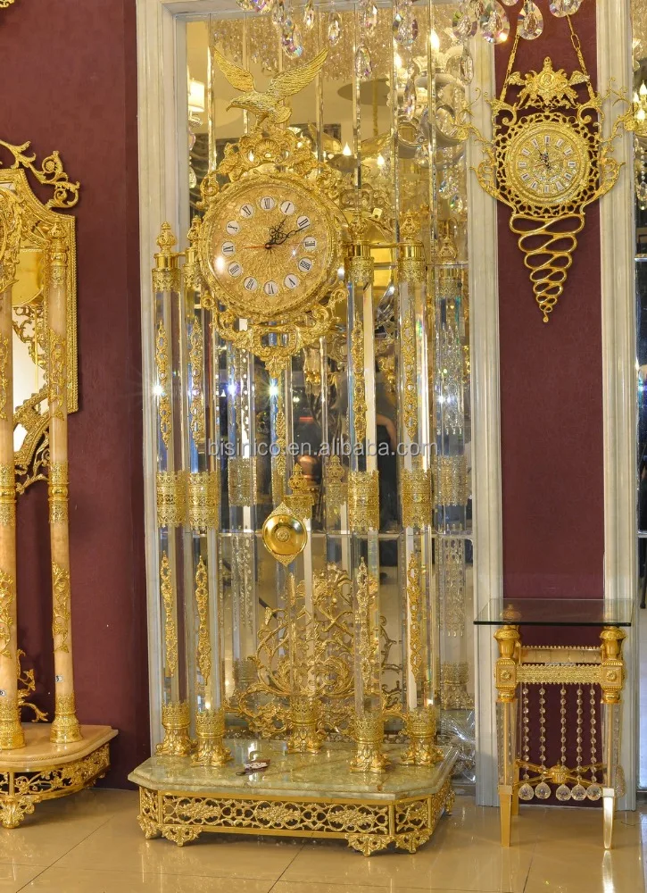 Royal Palace Italy Antique 24K Gold Plated Bronze Floor Clock Brass Mounted Crystal and Marble Grandfather