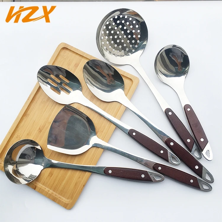 Deluxe design stainless steel kitchenware with wood handle, wooden handle kitchen utensils