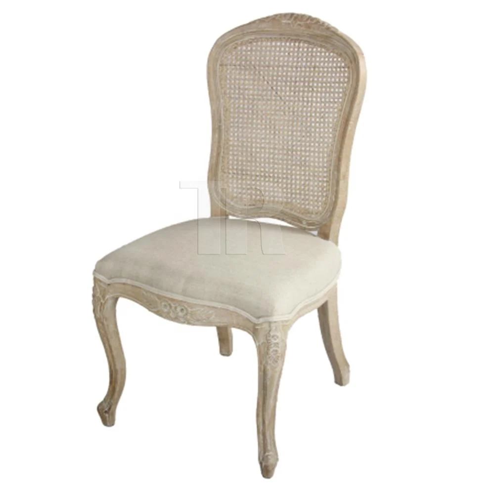 French style solid oak feature rattan back neutral upholstered seats delicate floral carving dining chair