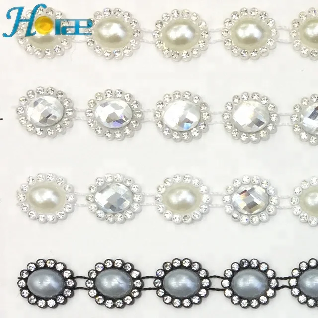w004 Factory supply garment pearl beads plastic lace chain pearl rhinestone trim