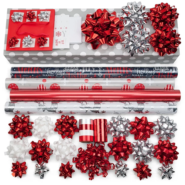 HOT SALE red silver design christmas gift printed wrapping tissue paper set with bows ribbons tags bag