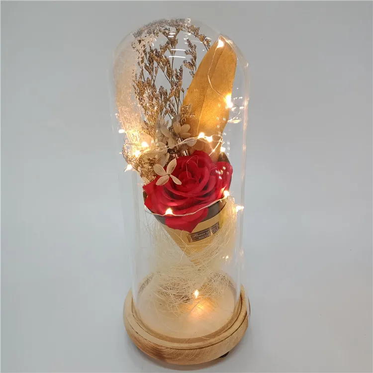 Red series preserved rose in glass dome carnation artificial flowers artificial in glass dome with led light gift for festival