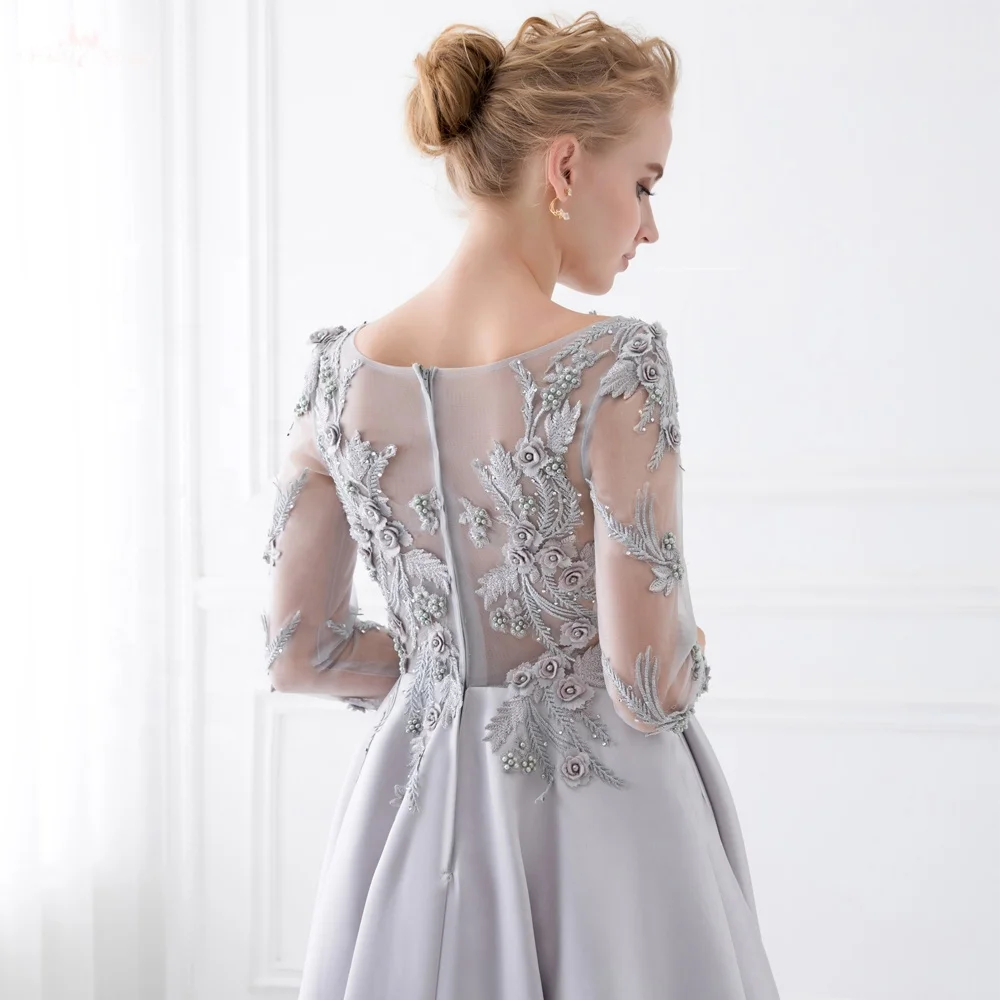 TE018 3D Flowers Beaded Silver Gray Satin Evening Dress Long Sleeve Prom Dress Arabic Evening Dress