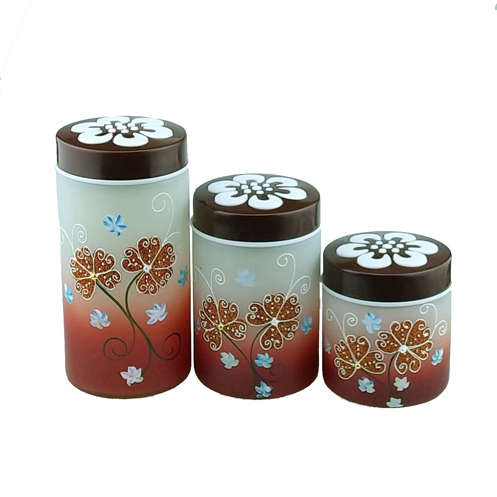 Hand painting airtight glass food storage jars set with plastic screw top for candy nut