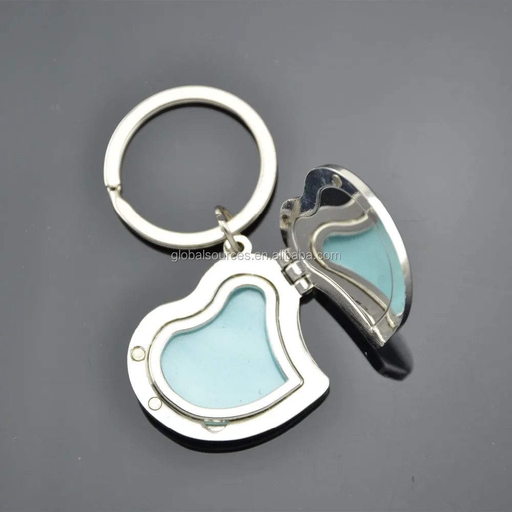 metal heart shape mirror key chain with photo frame keyring