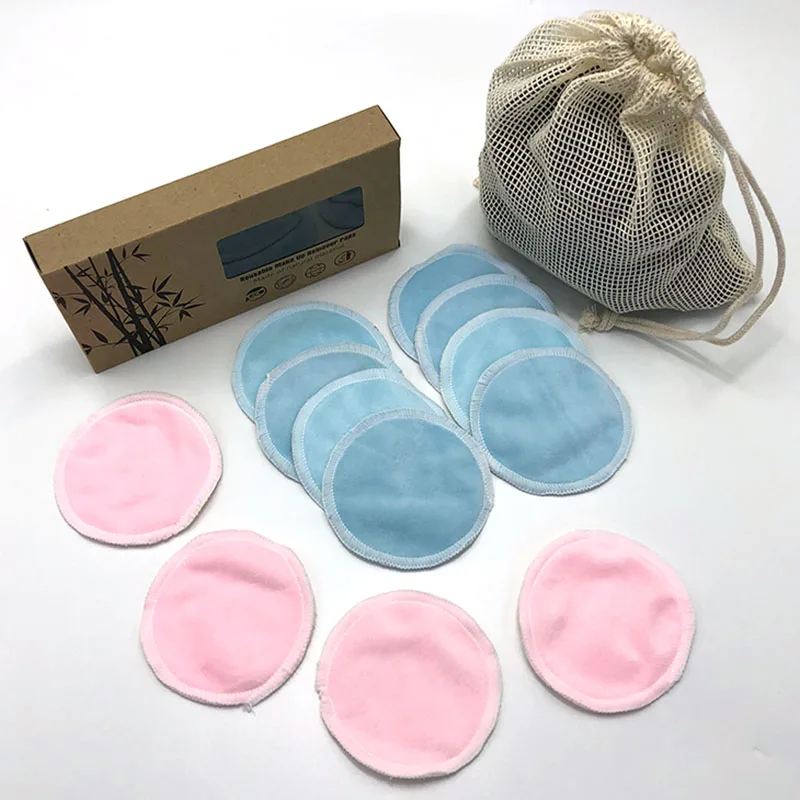 50 Sets Cosmetic Facial Cleansing and Eco-friendly box 14pcs Blue Yellow Pink Cotton Mesh Bag and Eco-friendly box