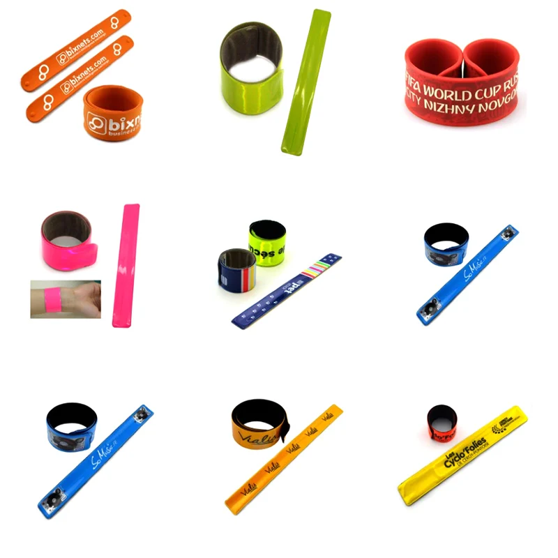 Cheap rubber pvc reflector slapbands reflective slap band wide slap bracelet