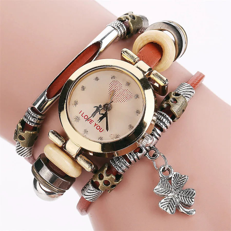 Wholesale cheap price Fashion Women Casual Leather watches Flower pendant  lady delicate Weave Wrap bracelet Watch in Yiwu