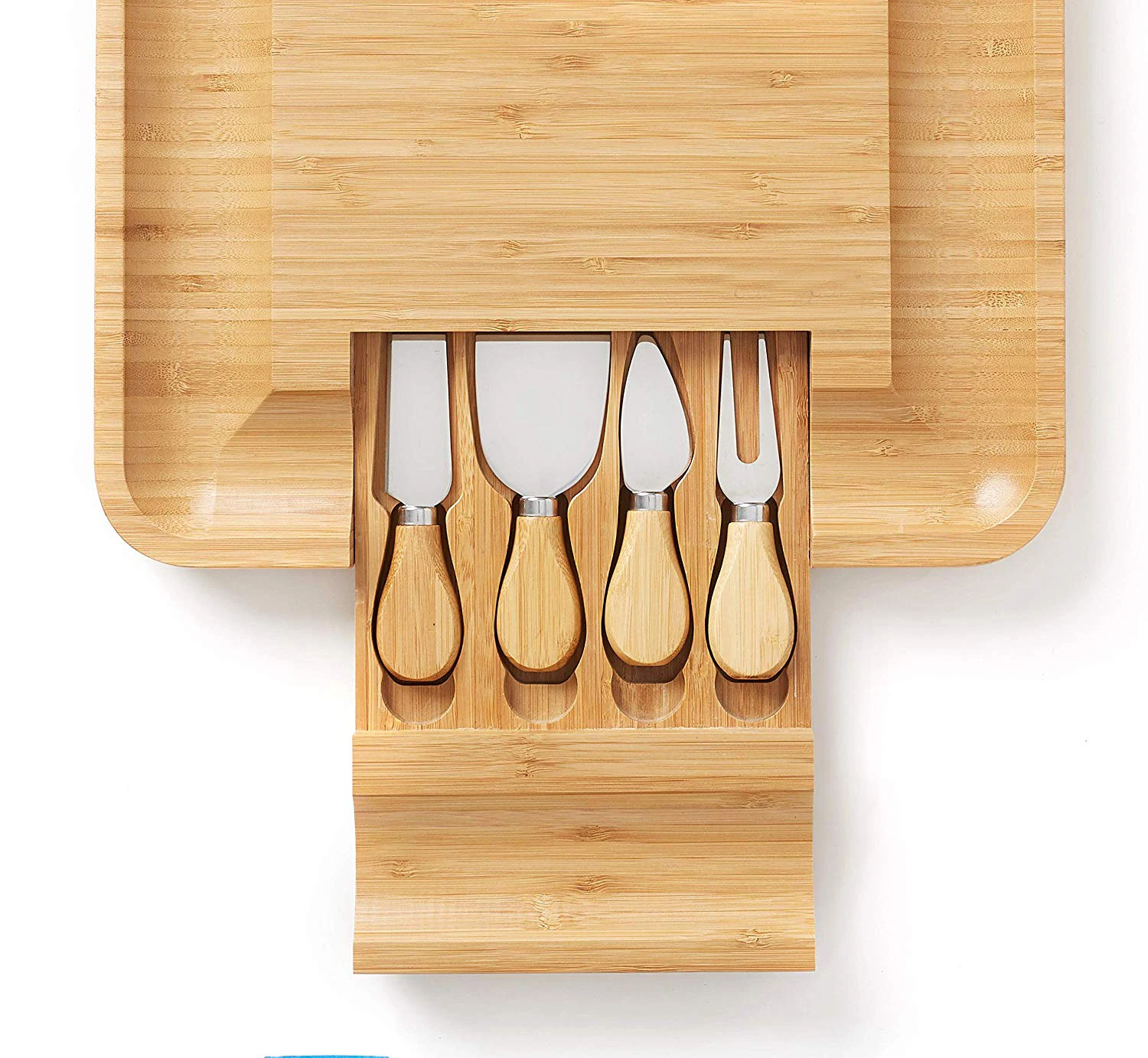 Bamboo Cheese Board & Knife Set Wood Meat Platter Charcuterie Set,Exclusive Cheeseboard With 4 Cheese Knives