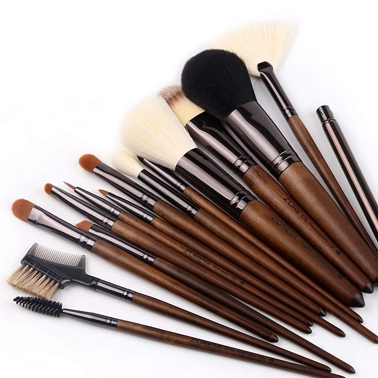15pc High End Real Walnut Handle Private Label Makeup Brush Set Leather Case for Contour Foundation Brush Set with Dark Brown