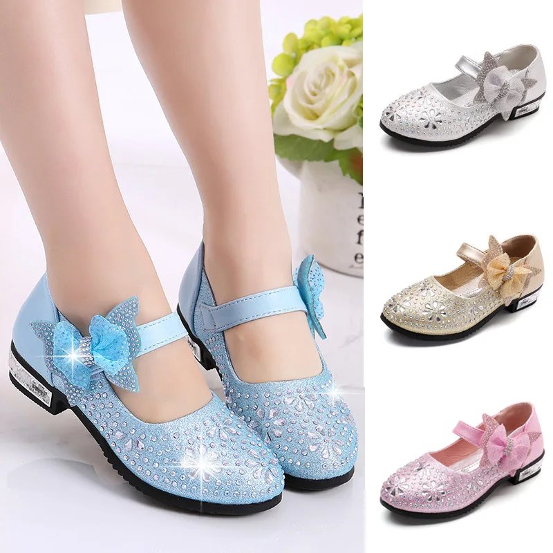 Autumn New Crystal Shiny Bowknot Children Princess Kids High Heel Shoes