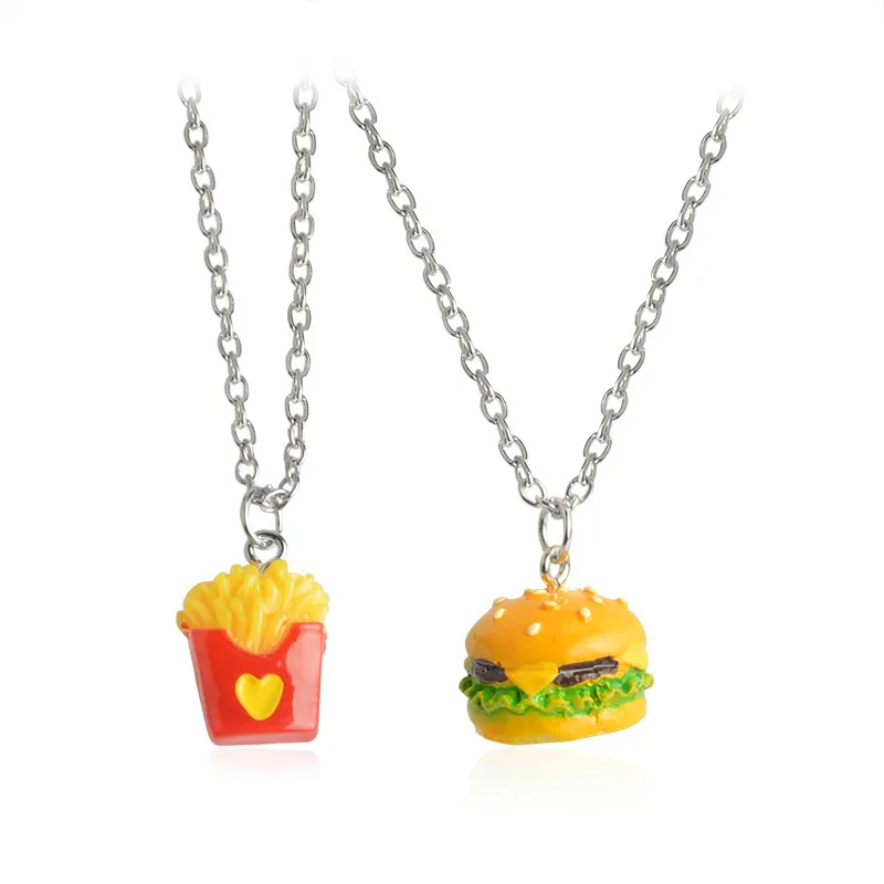 1 set Best Friend Forever BFF necklace silver chain fast food charm necklace cute French Fries chips hamburger necklace