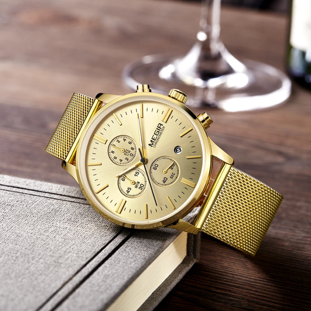 Megir 2011 Couple Watch Stainless Steel Band Water Resistant Quartz Chronograph watch for watches