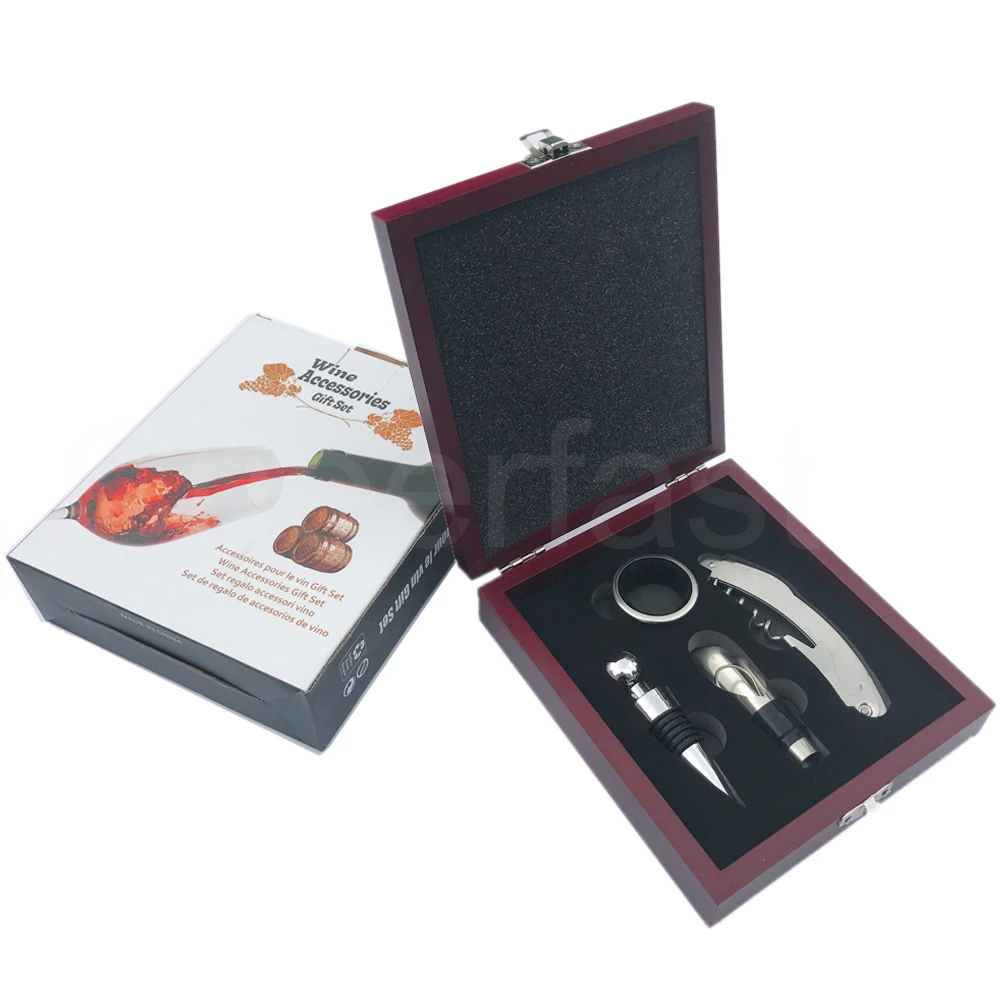 Лидер продаж, Металлический Штопор для винных бутылок из нержавеющей стали, набор инструментов для бара, деревянная коробка, 4 шт. аксессуаров, подарочный набор для вина