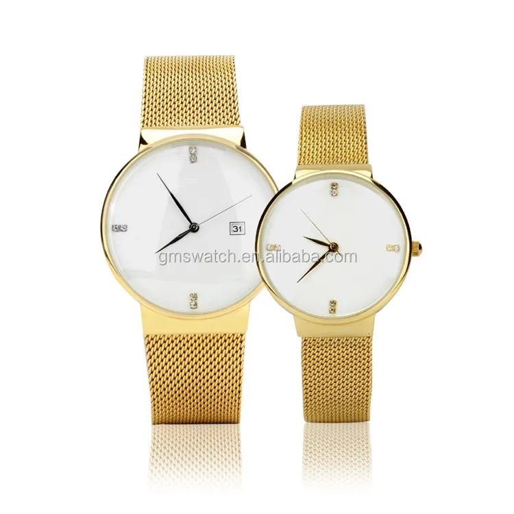 New arrival hot fashion couple watch, charming slim case quartz pair watch, stainless steel mesh band hot sales time pieces