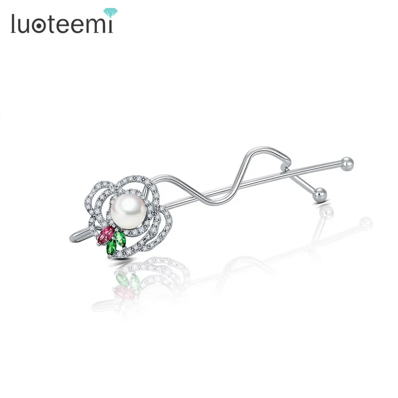 LUOTEEMI White Gold Shining Bridesmaids A AA Grade CZ Wedding Luxury Cubic Zircon Bridal Pearl Flower Decorative Hair Pins