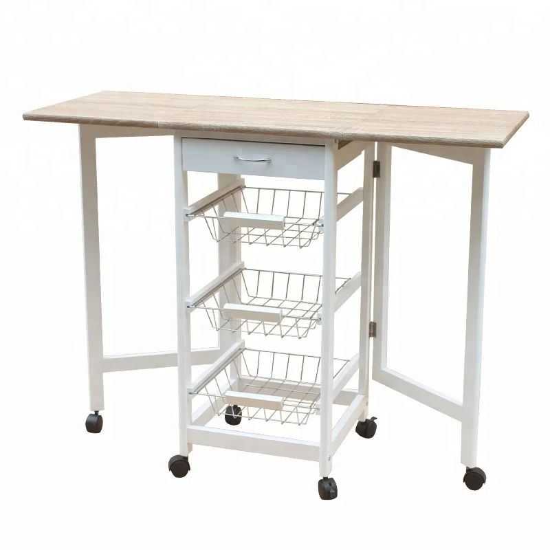 
Portable Rolling Drop Leaf Kitchen Island Cart White Tile Top Folding Trolley Table, 1 Wood Drawer & 2 Steel Baskets 