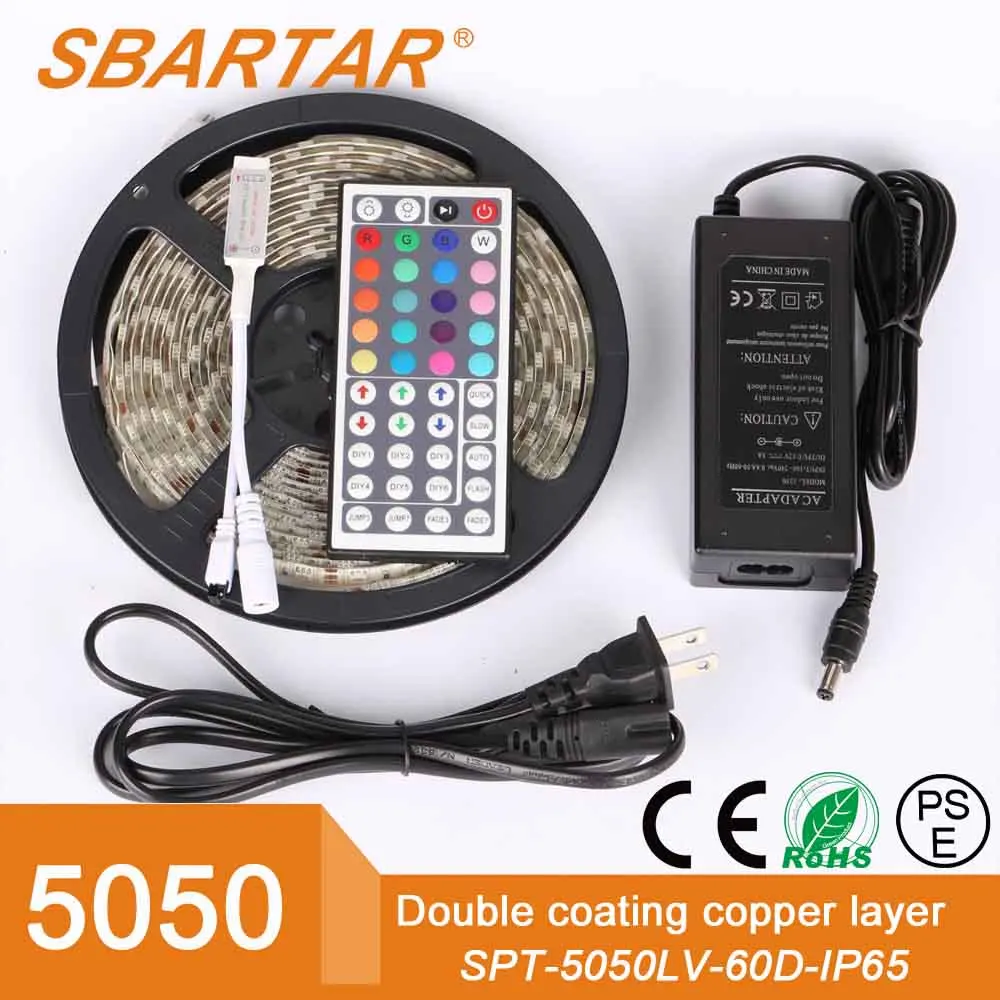 5Meter Waterproof Flexible Color Changing RGB SMD5050 300 LEDs Light Strip Kit with 44 Key Remote and 12V 5A Power Supply