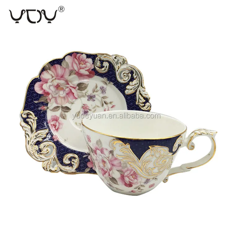 new bone china 24pcs western blue flower design wholesale fine royal porcelain tea cup sets