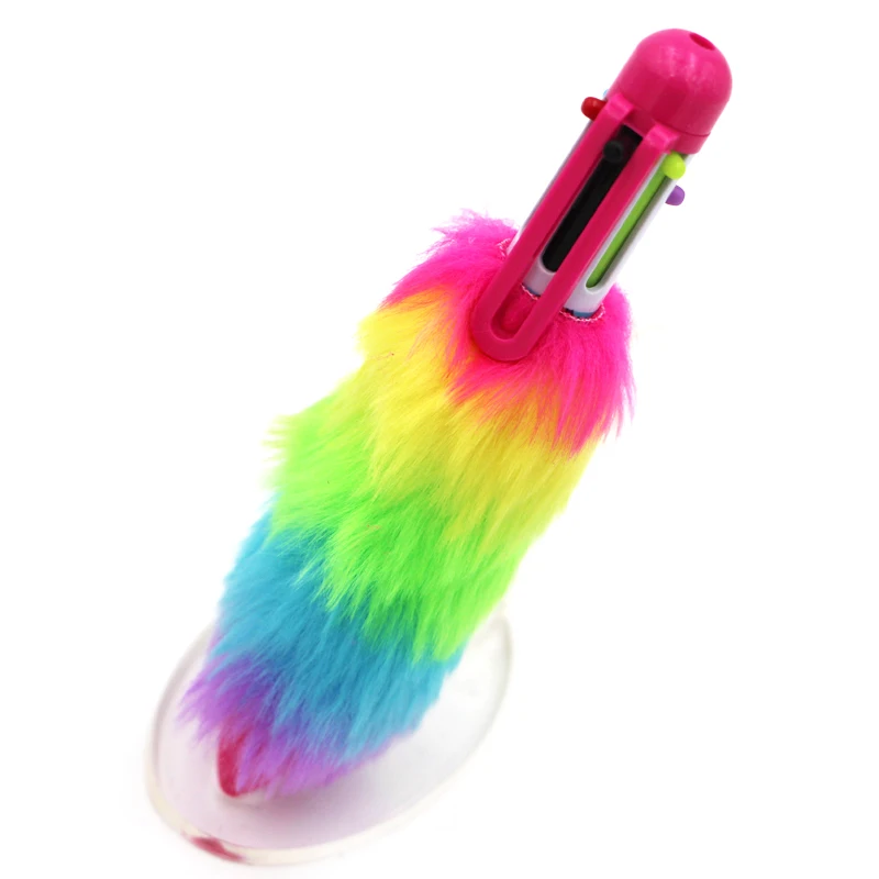 Short fat fluffy pom pom pen multicolor 6 color rainbow ballpoint pen with colorful rainbow barrel