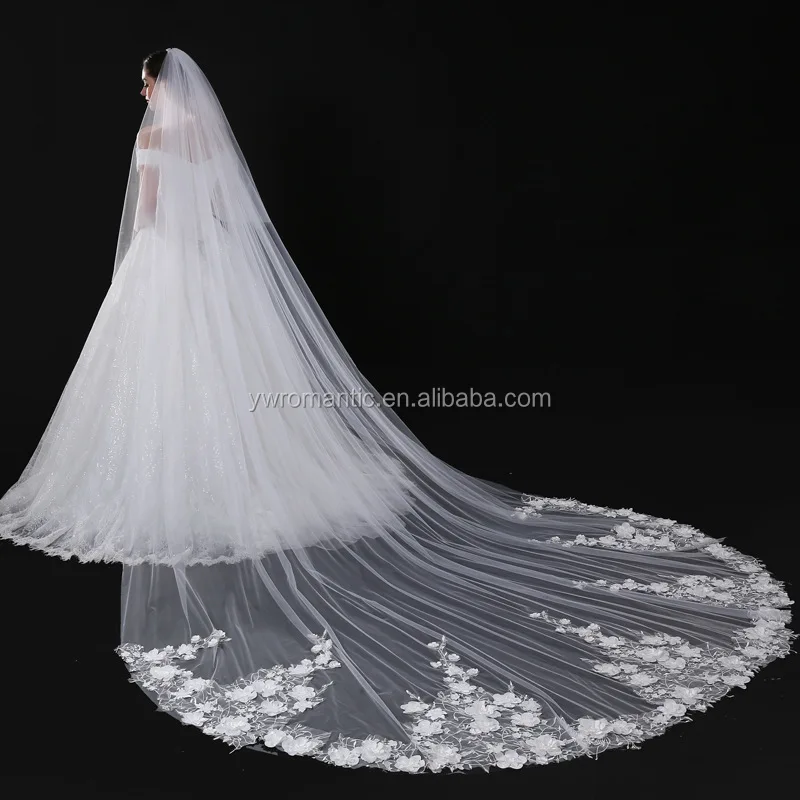 
Latest Design White Embroidery Long Cathedral Applique 5M Wedding Veil For Bride 