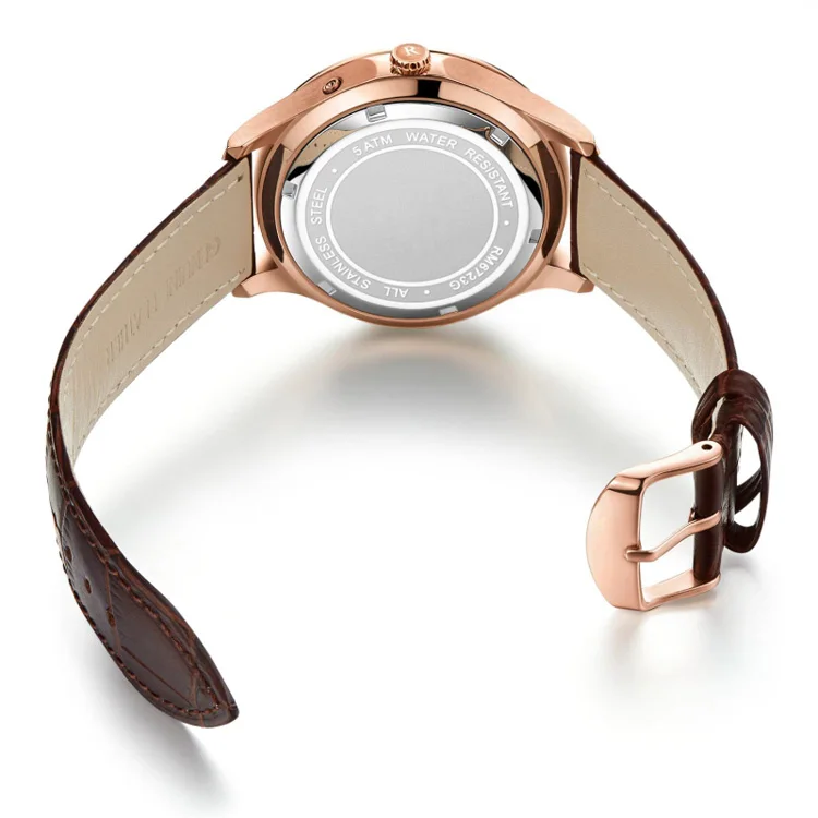 Shine Blue Sunray Face Real 3D Index Brown Leather Strap Date Window Show With Second Subdial Sport Stainless Steel Watch Men