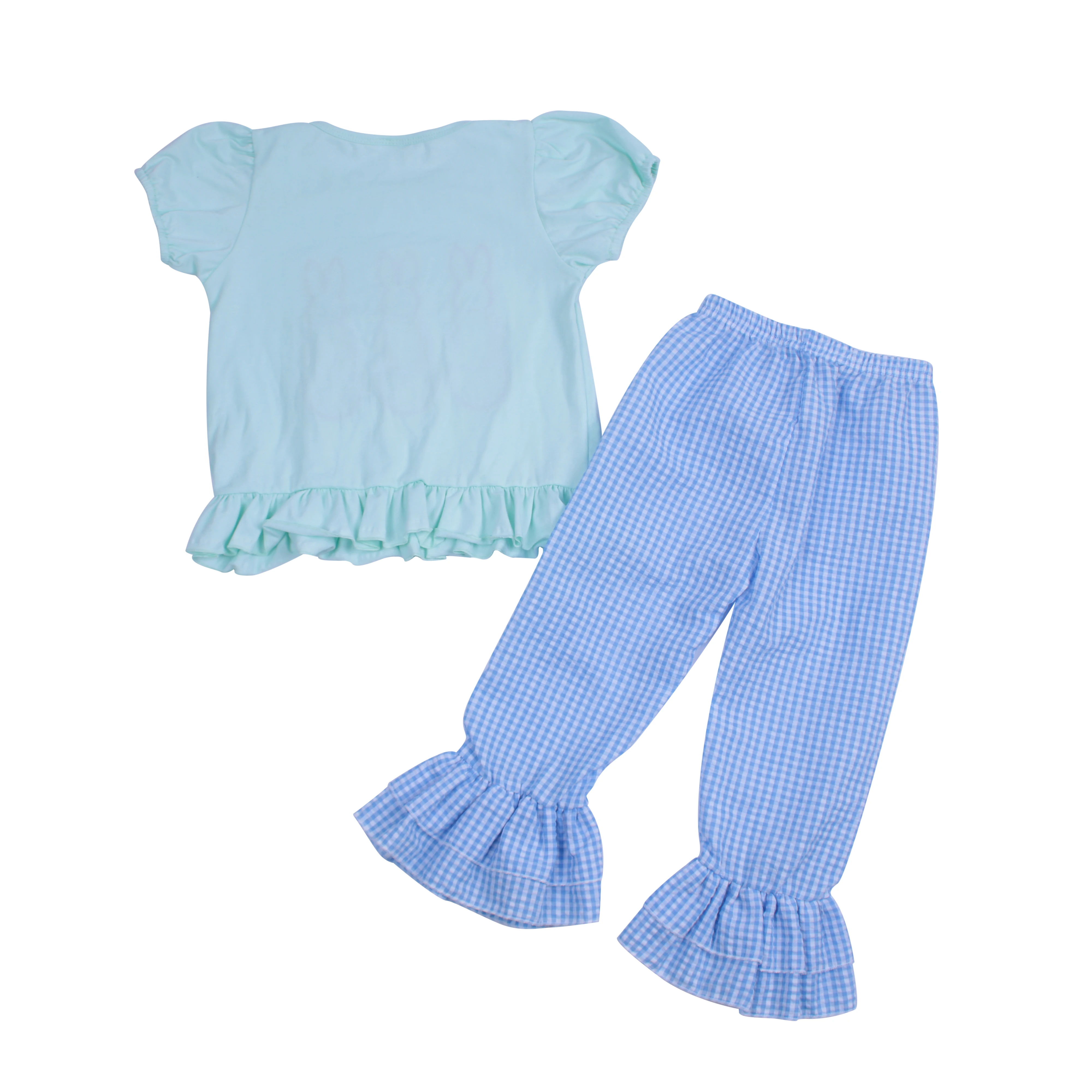 
wholesale embroidery rabbit eeg print Baby Girl Clothing Outfits Easter day Kids lace ruffle boutique clothing outfits 