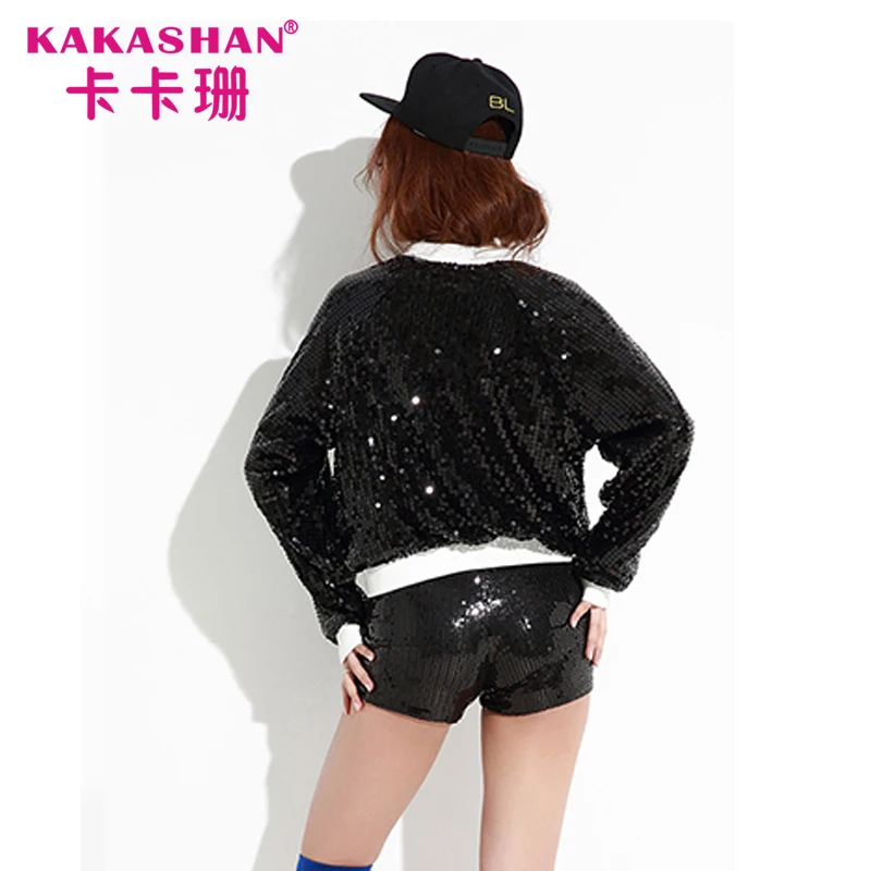 
Long Sleeve Top Hip Hop Dance Costumes Bomber Jacket Sequin Coats 