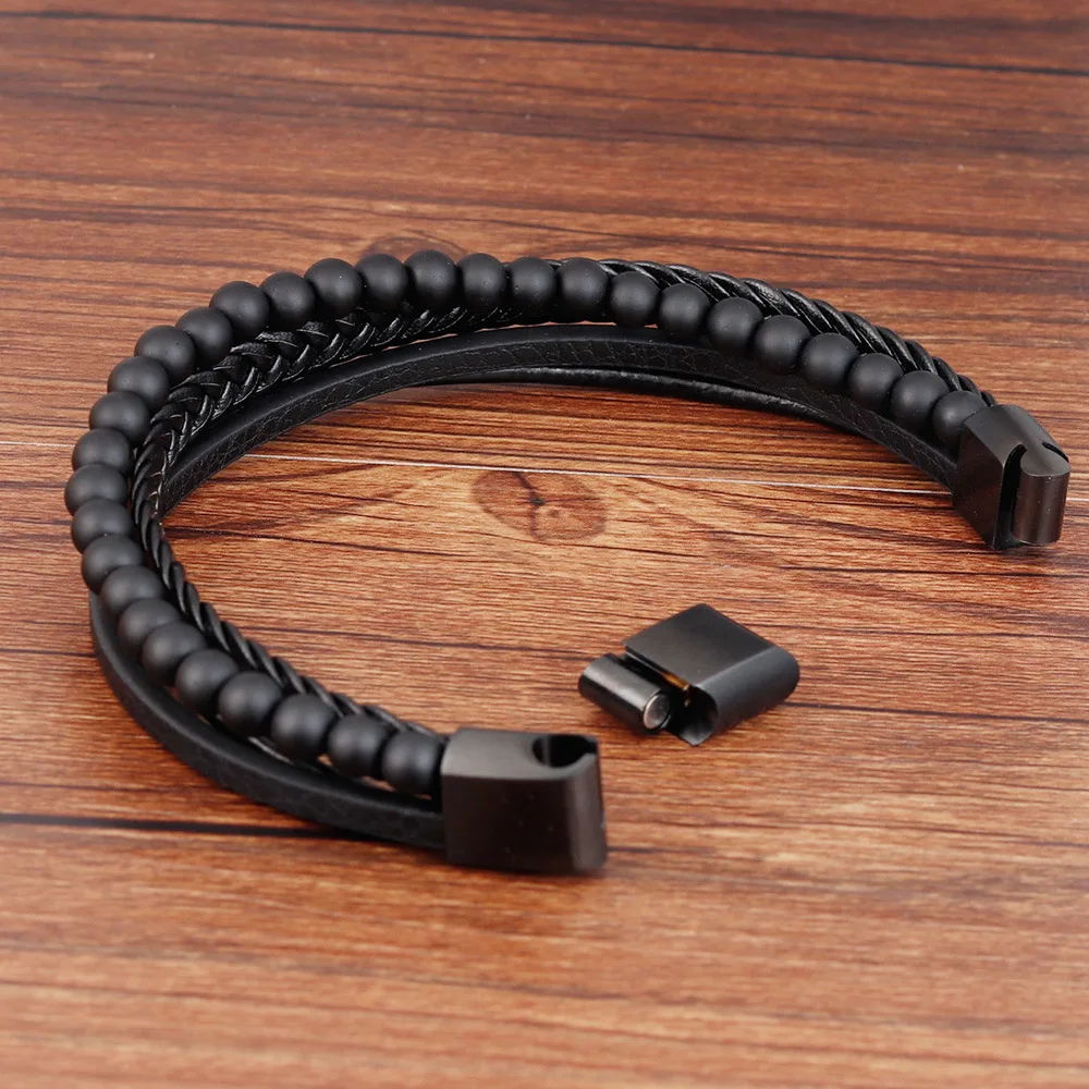 Mens Nature Meteorite Bead Stone Black Leather Bracelet Top Sellers 2019 for Amazon