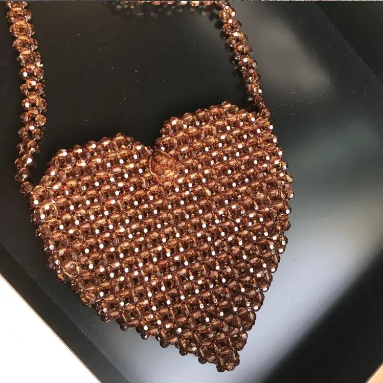 
Hot sell fashion custom crystal dark brown/red beads beaded single shoulder heart shape bead bag  (62021798737)