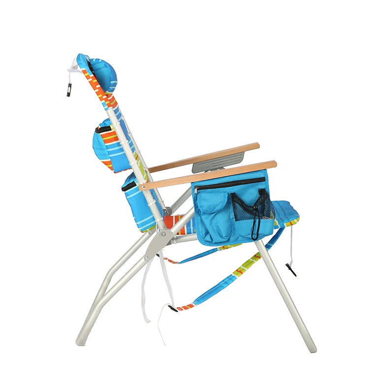 Outdoor Wooden Arm Lace-up Leisure Backpack Folding  Beach Chair with Insulated Cooler bag