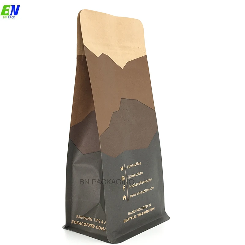 Custom logo Kraft paper+PLA biodegradable box bottom pouch bags with compostable valve