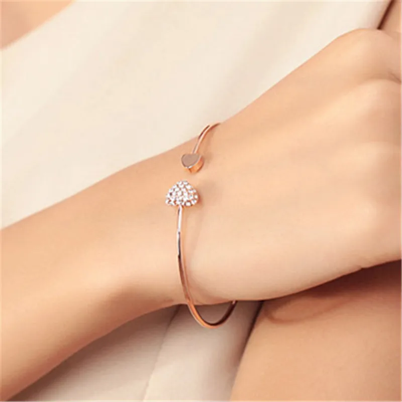 Hot New Women Jewelry Gift mujer pulseras Fashion adjustable Crystal Double Heart Bow bilezik Cuff Opening Bracelet