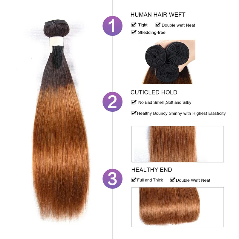 
Colored Brazilian Straight Hair Bundles Closure 1B/30# Ombre Color Human Hair Weave 3 Bundles with Closure 