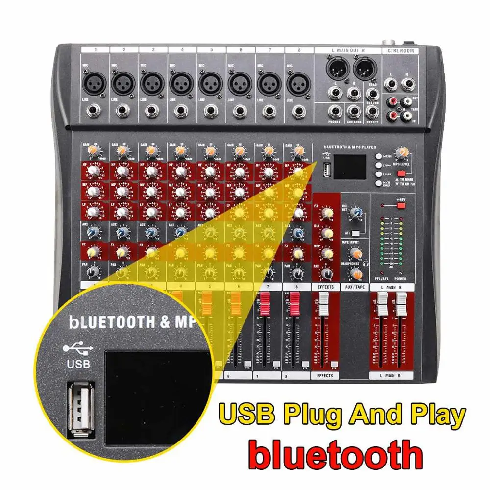 Free Ship 12/8 Channel DJ Sound Mixing Console Mixer BT USB Microphone Digital Console Karaoke Audio Mixer Phantom Power