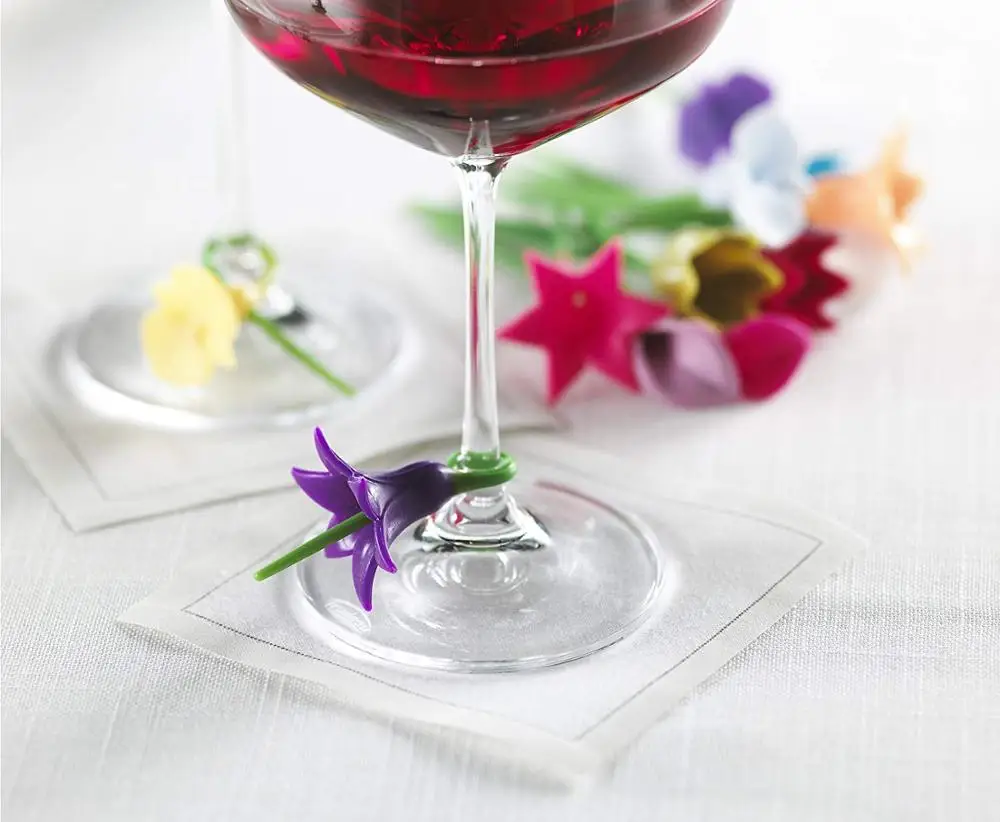 Flower Wine Glass Charms Set of 6 Glass Markers that Work on Stem Glasses - Gift Storage Box