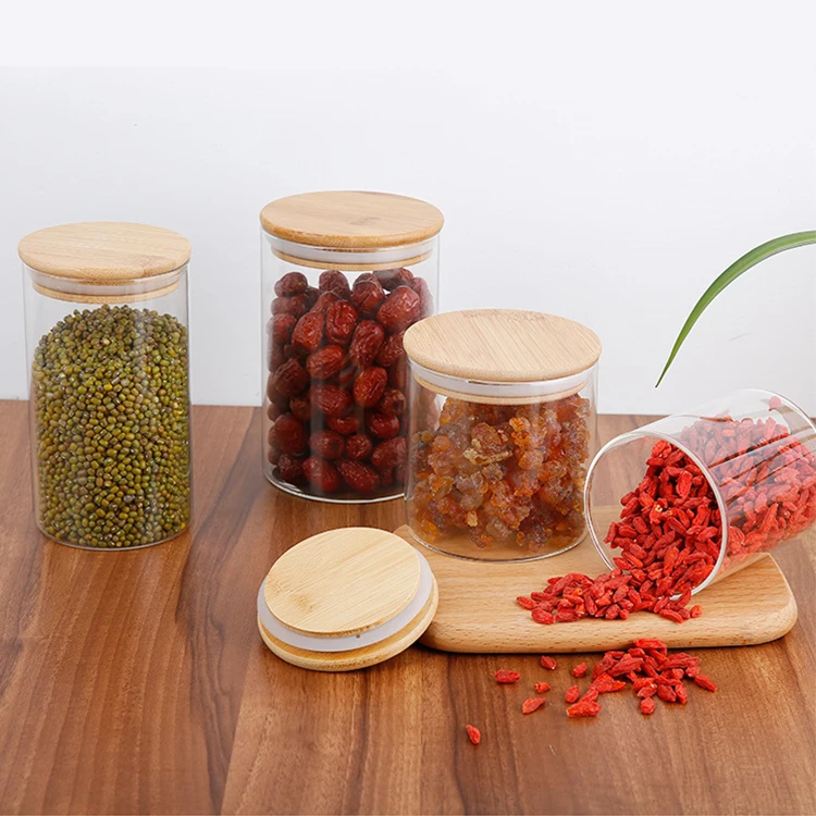 Healthy glass storage container custom glass jar with bamboo lid