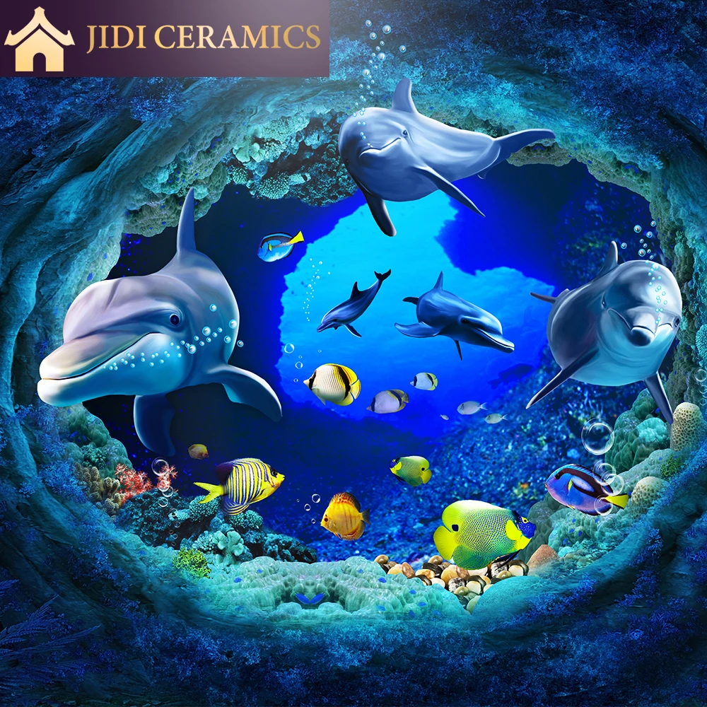 Ocean Blue Glazed Bathroom 3D Digital Porcelain Wall and Floor Dolphin Tiles