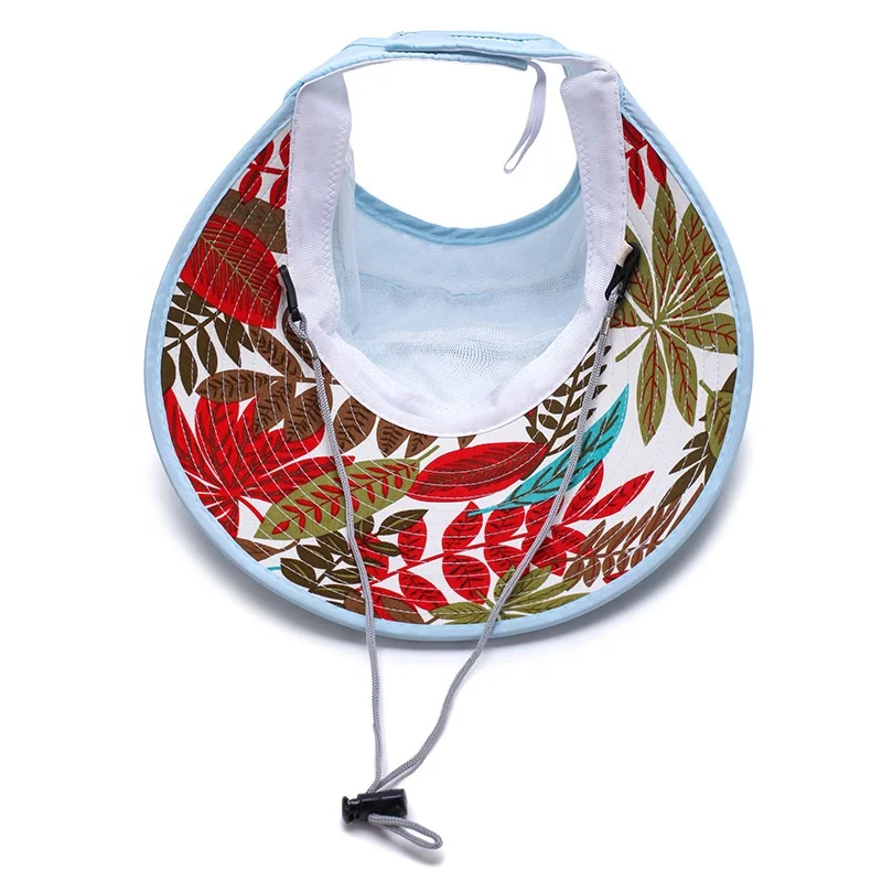 Hot Selling Women Summer Wide Brim Cap 100% Polyester Adjustable Sun Visor Cap Hat With Small Plastic Flower Visors