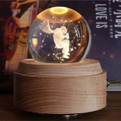 Customized Decorative Wooden Rotating Crystal LED Desktop Lamp Gift LED Light Music Box