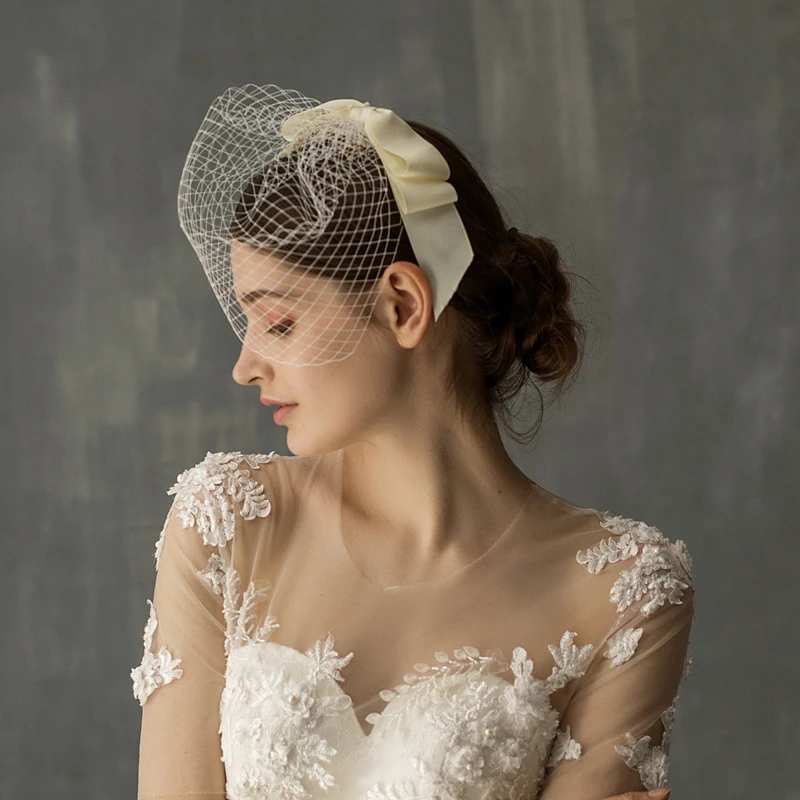 V625 Fascinators Blusher Marriage Bridal Veil Netting Cut Edge One-Layer White Wedding Short Bride Veil with Ribbon Bow Comb